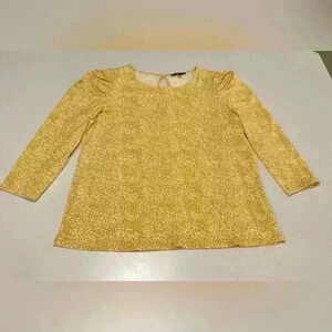 Adrianna Papell Gold and White Puff Sleeve Top with Back Button Size Medium